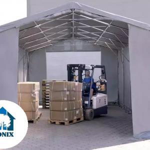 Raktársátor 8x12m  ipari sátor, tároló sátor 3,00 m oldalmagasság, cipzáras kapuval lángálló  PRIMEtex-ponyva, ponyva  szürke