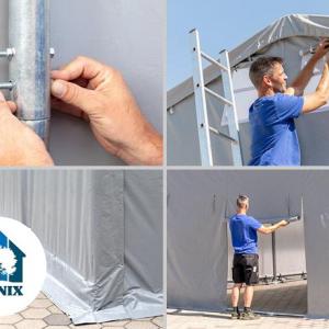 Raktársátor ipari sátor ponyva csarnok 3x6m oldalmagasság  3,00 m felhúzható kapuval ponyva PVC  szürke