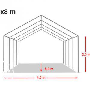 Raktársátor, ipari sátor, tárolósátor 4 × 8 m – 32 m², erős PVC ponyvával, horganyzott acélvázzal, 100% vízálló kivitelben