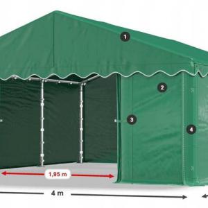 Raktársátor, ipari tárolósátor 4 × 6  m PE tárolósátor – 24 m², horganyzott acélvázzal, Ø 38 mm-es szerkezeti csövekkel, Ø 42 mm-es csatlakozókkal, 240 g/m² UV-álló és vízálló ponyvával zöld