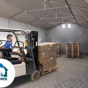 Raktársátor, ponyvacsarnok 8x16 m, 4 m oldalmagasság, lángálló PRIMEtex ponyva, szürke
