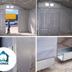 Raktársátor, ponyvacsarnok 8x16 m, 4 m oldalmagasság, lángálló PRIMEtex ponyva, szürke