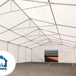 Raktársátor tároló sátor 5x10 m ponyva PVC erősített szerkezettel padlókerettel fehér