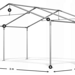 Raktársátor, tárolósátor, 3 × 4 m – 12 m², 240 g/m² PE szürke ponyvával, Ø 38 mm-es horganyzott acélcsövekkel, Ø 42 mm-es csatlakozókkal és két függöny típusú bejárattal