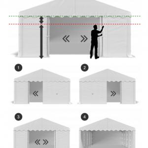 Raktársátor, tárolósátor, 3 × 4 m – 12 m², 240 g/m² PE szürke ponyvával, Ø 38 mm-es horganyzott acélcsövekkel, Ø 42 mm-es csatlakozókkal és két függöny típusú bejárattal