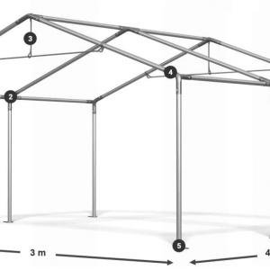 Raktársátor, tárolósátor, 3 × 4 m – 12 m², 240 g/m² PE szürke ponyvával, Ø 38 mm-es horganyzott acélcsövekkel, Ø 42 mm-es csatlakozókkal és két függöny típusú bejárattal