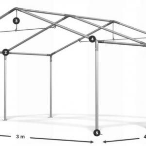 Raktársátor, tárolósátor, 3 × 4 m – 12 m², 240 g/m² PE  zöld ponyvával, Ø 38 mm-es horganyzott acélcsövekkel, Ø 42 mm-es csatlakozókkal és két függöny típusú bejárattal