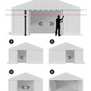 Raktársátor, tárolósátor, 3 × 4 m – 12 m², 240 g/m² PE  zöld ponyvával, Ø 38 mm-es horganyzott acélcsövekkel, Ø 42 mm-es csatlakozókkal és két függöny típusú bejárattal