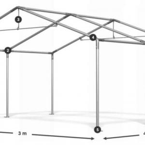 Raktársátor, tárolósátor, 3 × 4 m – 12 m², 240 g/m² PE  zöld ponyvával, Ø 38 mm-es horganyzott acélcsövekkel, Ø 42 mm-es csatlakozókkal és két függöny típusú bejárattal