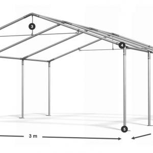 Raktársátor, tárolósátor 3 × 6 m – 18 m², 240 g/m² PE szürke ponyvával, Ø 38 mm-es horganyzott acélcsövekkel, Ø 42 mm-es csatlakozókkal és két függöny típusú bejárattal