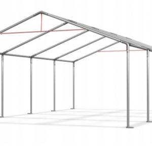 Raktársátor, tárolósátor 3 × 6 m – 18 m², 240 g/m² PE zöld ponyvával, Ø 38 mm-es horganyzott acélcsövekkel, Ø 42 mm-es csatlakozókkal és két függöny típusú bejárattal