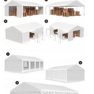 Raktársátor, tárolósátor 3 × 6 m – 18 m², 240 g/m² PE zöld ponyvával, Ø 38 mm-es horganyzott acélcsövekkel, Ø 42 mm-es csatlakozókkal és két függöny típusú bejárattal