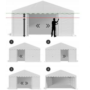 Raktársátor, tárolósátor 3 × 6 m – 18 m², 240 g/m² PE zöld ponyvával, Ø 38 mm-es horganyzott acélcsövekkel, Ø 42 mm-es csatlakozókkal és két függöny típusú bejárattal