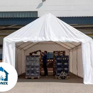 Raktársátor, tárolósátor 4 × 4 m – 16 m², fehér PVC ponyvával, padlókerettel és megerősített horganyzott acélszerkezettel