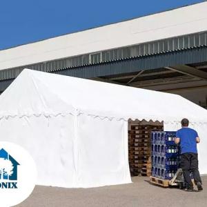 Raktársátor, tárolósátor 4 × 4 m – 16 m², fehér PVC ponyvával, padlókerettel és megerősített horganyzott acélszerkezettel