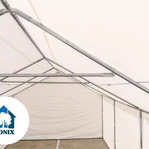 Raktársátor, tárolósátor 4 × 4 m – 16 m², fehér PVC ponyvával, padlókerettel és megerősített horganyzott acélszerkezettel