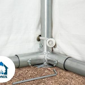 Raktársátor, tárolósátor 4 × 4 m – 16 m², fehér PVC ponyvával, padlókerettel és megerősített horganyzott acélszerkezettel