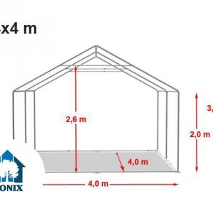 Raktársátor, tárolósátor 4 × 4 m – 16 m², fehér PVC ponyvával, padlókerettel és megerősített horganyzott acélszerkezettel
