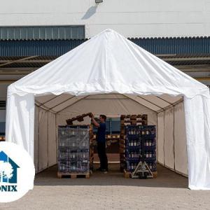 Raktársátor, tárolósátor 4 × 6 m – 24 m²,  PVC ponyvával, padlókerettel és extra megerősített horganyzott acélszerkezettel