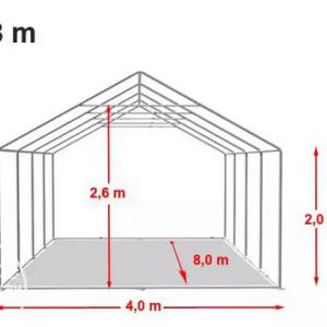 Raktársátor, tárolósátor 4 × 8 m – 32 m², erős PVC ponyvával, padlókerettel és megerősített horganyzott acélszerkezettel