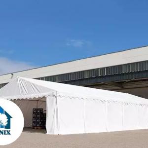 Raktársátor, tárolósátor 5 × 6 m – 30 m², zöld PVC ponyvával, padlókerettel és megerősített horganyzott acélszerkezettel