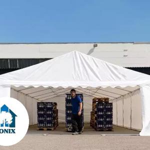 Raktársátor, tárolósátor 5 × 6 m – 30 m², zöld PVC ponyvával, padlókerettel és megerősített horganyzott acélszerkezettel