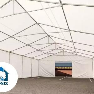 Raktársátor, tárolósátor 5 × 6 m – 30 m², zöld PVC ponyvával, padlókerettel és megerősített horganyzott acélszerkezettel