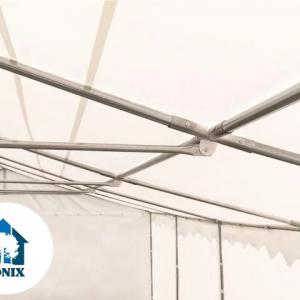 Raktársátor, tárolósátor 5 × 6 m – 30 m², zöld PVC ponyvával, padlókerettel és megerősített horganyzott acélszerkezettel
