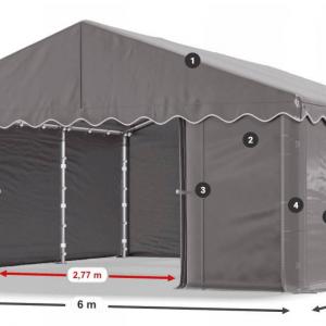 Raktársátor, tárolósátor 6 × 6 m – 36 m², PE  szürke ponyvával, horganyzott acélvázzal és két függönyrendszerű bejárattal