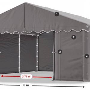 Raktársátor, tárolósátor 6 × 6 m – 36 m², PE zöld ponyvával, horganyzott acélvázzal és két függönyrendszerű bejárattal