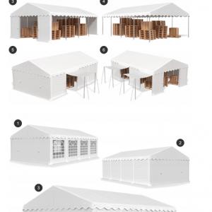 Raktársátor, tárolósátor 6 × 6 m – 36 m², PE zöld ponyvával, horganyzott acélvázzal és két függönyrendszerű bejárattal