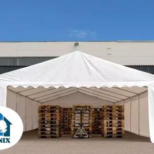 Raktársátor, tárolósátor és ipari sátor 6 × 12 m, 72 m², fehér, PVC ponyvával, Ø 38 mm-es horganyzott acélvázzal,  két bejárattal