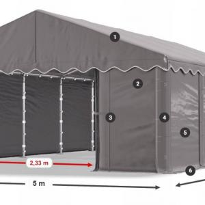 Raktársátor, tárolósátor, ipari sátor 5 × 8 m – 40 m²  PE ponyvával, horganyzott acélvázzal szürke