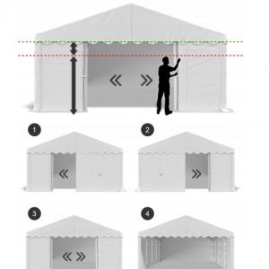 Raktársátor, tárolósátor, ipari sátor 6 × 10 m – 60 m², PE fehér  ponyvával, horganyzott acélvázzal, 2 bejárattal