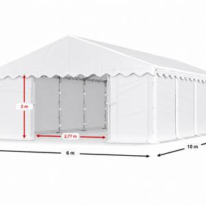 Raktársátor, tárolósátor, ipari sátor 6 × 10 m – 60 m², PE fehér  ponyvával, horganyzott acélvázzal, 2 bejárattal