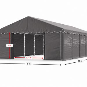 Raktársátor, tárolósátor, ipari sátor 6 × 10 m – 60 m², PE  szürke ponyvával, horganyzott acélvázzal, 2 bejárattal
