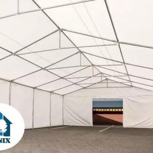 Raktársátor, tárolósátor, ipari sátor 8 × 12 m – 96 m², fehér PVC ponyvával, padlókerettel, Ø 38 mm-es teljesen horganyzott acélcsövekkel