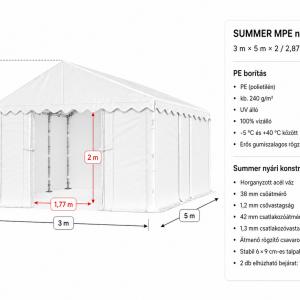 Raktársátor, tárolósátor, nyári sátor 3 × 5 m – 15 m², 240 g/m² PE fehér ponyvával, horganyzott acélvázzal