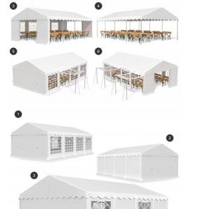 Rendezvénysátor 4 × 8 m – 32 m², 240 g/m² fehér-kék PE ponyvával és horganyzott acélvázzal