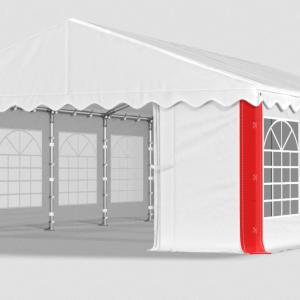 Rendezvénysátor 4 × 8 m – 32 m², 240 g/m² fehér-piros csíkos PE ponyvával és horganyzott acélvázzal