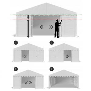 Rendezvénysátor, partisátor 4 × 6 m – 24 m², fehér-kék csíkos , vízálló PE ponyvával, szúnyoghálós, lezárható ablakokkal és teljesen horganyzott, megerősített acélszerkezettel