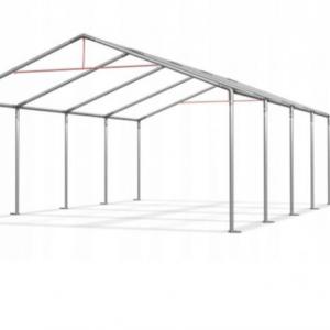 Rendezvénysátor, partisátor 4 × 6 m – 24 m², fehér-piros csíkos , vízálló PE ponyvával, szúnyoghálós, lezárható ablakokkal,  horganyzott, megerősített acélszerkezettel