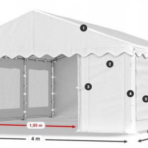 Rendezvénysátor, partisátor 4 × 6 m – 24 m², fehér-piros csíkos , vízálló PE ponyvával, szúnyoghálós, lezárható ablakokkal,  horganyzott, megerősített acélszerkezettel