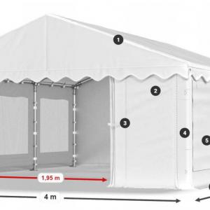 Rendezvénysátor, partisátor 4 × 6 m – 24 m², fehér, vízálló PE ponyvával, szúnyoghálós, lezárható ablakokkal és teljesen horganyzott, megerősített acélszerkezettel