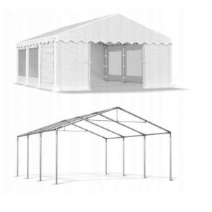 Rendezvénysátor, partisátor 4 × 6 m – 24 m², fehér, vízálló PE ponyvával, szúnyoghálós, lezárható ablakokkal és teljesen horganyzott, megerősített acélszerkezettel