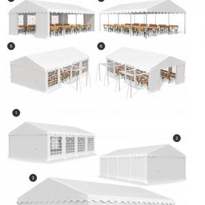 Rendezvénysátor, partysátor 3 × 6 m – 18 m², 240 g/m² PE ponyvával, horganyzott acélvázzal, Ø38 mm / 1,2 mm csövekkel, Ø42 mm / 1,3 mm csatlakozóelemekkel, fehér