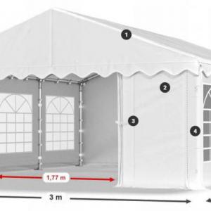 Rendezvénysátor, partysátor 3 × 6 m – 18 m², 240 g/m² PE ponyvával, horganyzott acélvázzal, Ø38 mm / 1,2 mm csövekkel, Ø42 mm / 1,3 mm csatlakozóelemekkel, fehér
