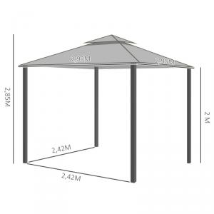 Sunny ALUMÍNIUM  pavilon sátor pergola 3x3m dupla tetővel 4db oldalsó panellel szúnyoghálóval időjárásálló poliészter fekete+világosszürke