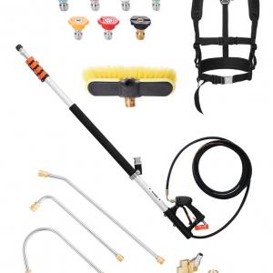 Teleszkópos, 7,3 m-es magasnyomású mosó szórókar — max. kb. 276 bar nyomással, fúvókákkal, ereszcsatorna-tisztítóval, kefefejjel és tartóhevederrel