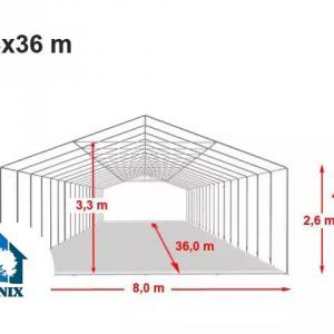 XXL Professzionális  extra erős rendezvénysátor 8x36 m ponyva PVC fehér oldalmagasság +2,6 m, erősített szerkezettel